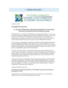 --- PRESS RELEASE ---  October 2, 2014 FOR IMMEDIATE RELEASE:  Lt. Governor Ellspermann Recognizes Excellence in Community