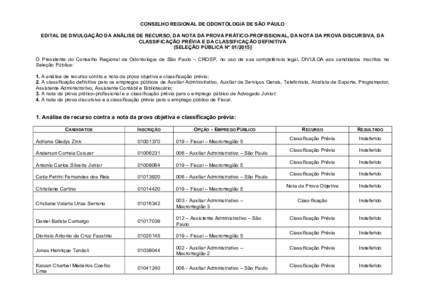 CONSELHO REGIONAL DE ODONTOLOGIA DE SÃO PAULO EDITAL DE DIVULGAÇÃO DA ANÁLISE DE RECURSO, DA NOTA DA PROVA PRÁTICO-PROFISSIONAL, DA NOTA DA PROVA DISCURSIVA, DA CLASSIFICAÇÃO PRÉVIA E DA CLASSIFICAÇÃO DEFINITIV