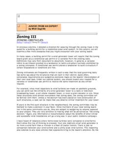 ADVICE FROM AN EXPERT by Mick Sagrillo spacer.gif (883 by tes) Zoning III ZONING OBSTACLES