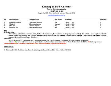 Kaumag Is. Bird Checklist Torres Strait Australia07s43e Compiled by M.K. Tarburton, Pacific Adventist University, PNG.  #n