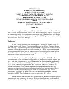 STATEMENT OF MARIANNE LAMONT HORINKO, ASSISTANT ADMINISTRATOR: OFFICE OF SOLID WASTE AND EMERGENCY RESPONSE: U.S. ENVIRONMENTAL PROTECTION AGENCY, BEFORE THE SUBCOMMITTEE ON SUPERFUND, TOXICS, RISK AND WASTE MANAGEMENT O