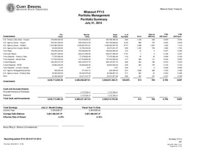 Missouri State Treasurer  Missouri FY13 Portfolio Management Portfolio Summary July 31, 2012