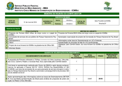 SERVIÇO PÚBLICO FEDERAL MINISTÉRIO DO MEIO AMBIENTE – MMA INSTITUTO CHICO MENDES DE CONSERVAÇÃO DA BIODIVERSIDADE – ICMBIO MEMÓRIA DE REUNIÃO DO COMITÊ GESTOR DADOS DA REUNIÃO DATA DA