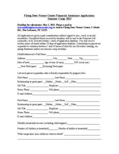 Flying Deer Nature Center Financial Assistance Application: Summer Camp 2015 Deadline for submission: May 1, 2015. Please e-mail to  or mail to Flying Deer Nature Center, 5 Abode Rd., New
