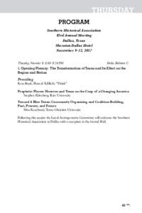 THURSDAY PROGRAM Southern Historical Association 83rd Annual Meeting Dallas, Texas Sheraton Dallas Hotel