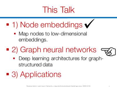 This Talk § 1) Node embeddings § Map nodes to low-dimensional embeddings.  § 2) Graph neural networks