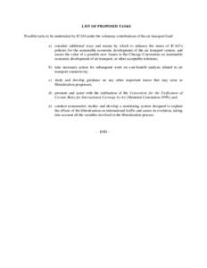 LIST OF PROPOSED TASKS Possible tasks to be undertaken by ICAO under the voluntary contributions of the air transport fund: a) consider additional ways and means by which to enhance the status of ICAO’s policies for th