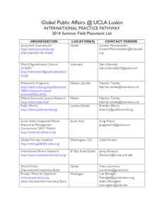 Global Public Affairs @ UCLA Luskin INTERNATIONAL PRACTICE PATHWAY 2014 Summer Field Placement List   ORGANIZATION ActionAid International