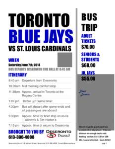 BUS TRIP ADULT TICKETS  VS ST. LOUIS CARDINALS