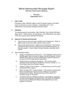 Mena Intermountain Municipal Airport Monthly Commission Meeting Minutes September 2011 I.