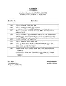 LOK SABHA CORRIGENDA to the List of Questions for WRITTEN ANSWERS on March 3, 2015 /Phalguna 12, 1936 (Saka)  Question No.