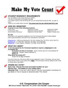Make My Vote Count STUDENT RESIDENCY REQUIREMENTS You can register in the county where you reside if: •You live in a dormitory or off-campus housing •You intend to stay for the time being OR if you are temporarily le