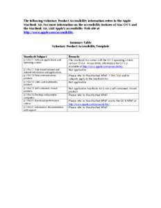 The following Voluntary Product Accessibility information refers to the Apple MacBook Air. For more information on the accessibility features of Mac OS X and the MacBook Air, visit Apple’s accessibility Web site at htt