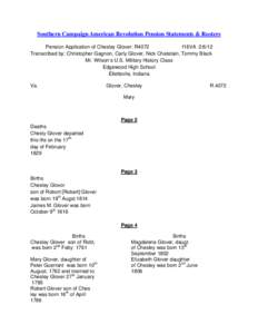 Southern Campaign American Revolution Pension Statements & Rosters Pension Application of Chesley Glover: R4072 f18VA[removed]Transcribed by: Christopher Gagnon, Carly Glover, Nick Chatelain, Tommy Black Mr. Wilson’s U.