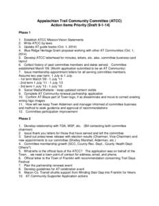 Appalachian Trail Community Committee (ATCC) Action Items Priority (Draft[removed]Phase 1 1. Establish ATCC Mission/Vision Statements 2. Write ATCC by-laws 3. Update AT guide books (Oct. 1, 2014)