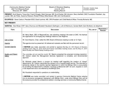 Community Medical Center  Board of Directors Meeting 2827 Fort Missoula Road Missoula, MT 59804