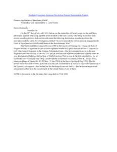 Southern Campaign American Revolution Pension Statements & Rosters Pension Application of John Long S36047 Transcribed and annotated by C. Leon Harris State of Kentucky – Franklin Ss. On this 22nd day of July A.D. 1819