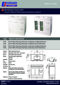 PRODUCT SHEET BATHROOM COLLECTION Virtue™ 900mm Thick Square Top Vanity Cabinet CODE