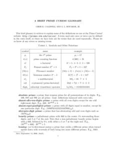 A BRIEF PRIME CURIOS! GLOSSARY CHRIS K. CALDWELL AND G. L. HONAKER, JR. This brief glossary is written to explain some of the definitions we use at the Prime Curios! website: http://primes.utm.edu/curios/. A term used on