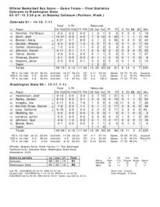 Official Basketball Box Score -- Game Totals -- Final Statistics Colorado vs Washington State[removed]:30 p.m. at Beasley Coliseum (Pullman, Wash.) Colorado 91 • 14-16, 7-11 ##