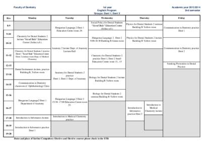 Faculty of Dentistry  Hrs Monday