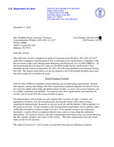 U.S. Department of Labor  Office of Labor-Management Standards Dallas District Office A. Maceo Smith Fed. Bldg. 525 Griffin Street, Suite 300