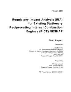 February[removed]Regulatory Impact Analysis (RIA) for Existing Stationary Reciprocating Internal Combustion Engines (RICE) NESHAP