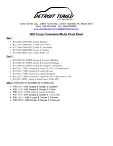 Detroit Tuned LLCMile Rd., Clinton Township. MI, Shop: MINI Fax: www.detroittuned.com  MINI Cooper Generation/Model Cheat Sheet Gen 1:
