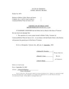 STATE OF VERMONT PUBLIC SERVICE BOARD Docket No[removed]Petitions of Bolton Valley Water and Sewer Company, Inc. to sell its water system to Catamount/Bolton Water & Sewer, LLC