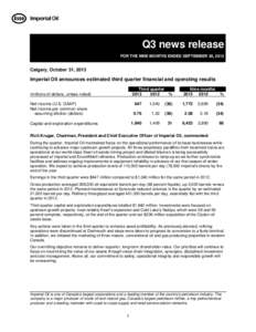 Q3 news release FOR THE NINE MONTHS ENDED SEPTEMBER 30, 2013 Calgary, October 31, 2013  Imperial Oil announces estimated third quarter financial and operating results