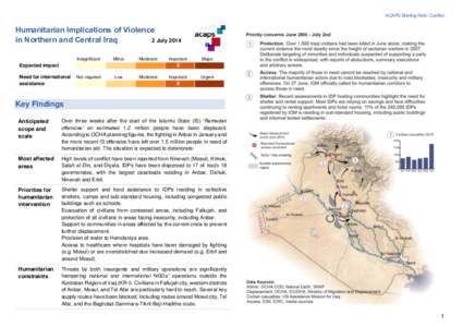 ACAPS Briefing Note: Conflict  Humanitarian Implications of Violence in Northern and Central Iraq 2 July 2014 Insignificant