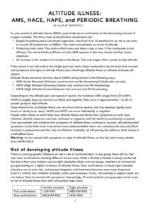 ALTITUDE ILLNESS: AMS, HACE, HAPE, and PERIODIC BREATHING (Dr Jim Duff, As you ascend to altitudes above 2000m, your body has to acclimatize to the decreasing amount of oxygen available. The three main acclim