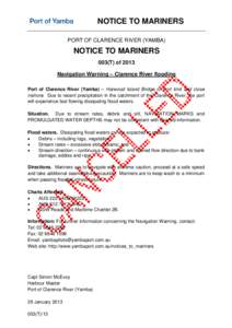 Boating / Transport / Hydrography / Yamba / Clarence River / Notice to mariners / Sea mark / Harbourmaster / Navigation / Water / North Coast /  New South Wales