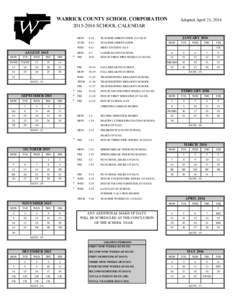 WARRICK COUNTY SCHOOL CORPORATION[removed]SCHOOL CALENDAR AUGUST 2015 *