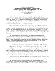 USEPA: OCIR: Statement of Lisa P. Jackson, Administrator, U.S. Environmental Projection Agency, April 22, 2009