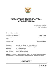 THE SUPREME COURT OF APPEAL OF SOUTH AFRICA Case number : [removed]REPORTABLE  In the matter between :