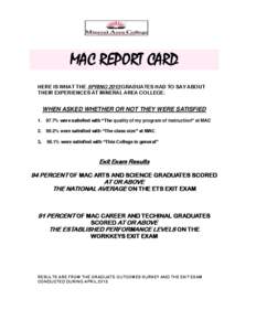 MAC REPORT CARD HERE IS WHAT THE SPRING 2013 GRADUATES HAD TO SAY ABOUT THEIR EXPERIENCES AT MINERAL AREA COLLEGE: WHEN ASKED WHETHER OR NOT THEY WERE SATISFIED[removed]% were satisfied with “The quality of my program o