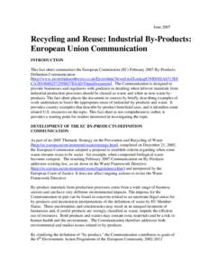 Recycling and Reuse: Industrial By-Products: European Union Communication, June 2007