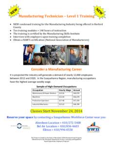 Manufacturing Technician – Level 1 Training  NEW condensed training for the Manufacturing Industry being offered in Harford County  Ten training modules = 140 hours of instruction  The training is certified by