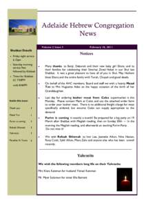 Adelaide Hebrew Congregation News Volume 2 Issue 3 Shabbat Details Friday night service