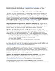 Para informacion en espanol, visite www.consumerfinance.gov/learnmore o escribe a la Consumer Financial Protection Bureau, 1700 G Street N.W., Washington, DC[removed]A Summary of Your Rights Under the Fair Credit Reportin