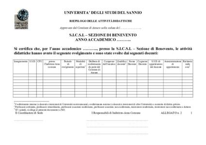 UNIVERSITA’ DEGLI STUDI DEL SANNIO RIEPILOGO DELLE ATTIVITÀ DIDATTICHE Approvato dal Comitato di Ateneo nella seduta del……………………. S.I.C.S.I. – SEZIONE DI BENEVENTO ANNO ACCADEMICO ………..