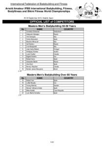 International Federation of Bodybuilding and Fitness Arnold Amateur IFBB International Bodybuilding, Fitness, Bodyfitness and Bikini Fitness World Championships[removed]September 2014, Madrid, Spain  OFFICIAL LIST of COMPE