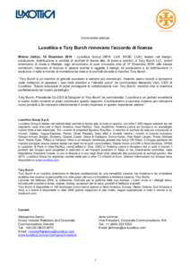    	
   Comunicato stampa  Luxottica e Tory Burch rinnovano l’accordo di licenza