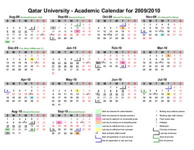Qatar University ­ Academic Calendar for [removed]  Aug­09 (Shaaban/Ramadan 1430)  S  M 