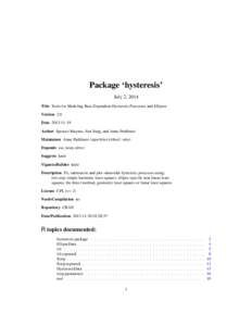 Package ‘hysteresis’ July 2, 2014 Title Tools for Modeling Rate-Dependent Hysteretic Processes and Ellipses Version 2.0 Date[removed]Author Spencer Maynes, Fan Yang, and Anne Parkhurst