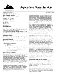 Frye Island News Service VOLUME 2014, ISSUE 19 SEPTEMBER 5, 2014  Island Manager’s Comments