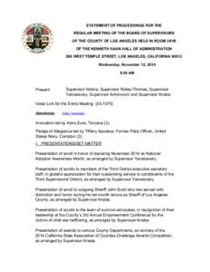 STATEMENT OF PROCEEDINGS FOR THE REGULAR MEETING OF THE BOARD OF SUPERVISORS OF THE COUNTY OF LOS ANGELES HELD IN ROOM 381B OF THE KENNETH HAHN HALL OF ADMINISTRATION 500 WEST TEMPLE STREET, LOS ANGELES, CALIFORNIA 90012