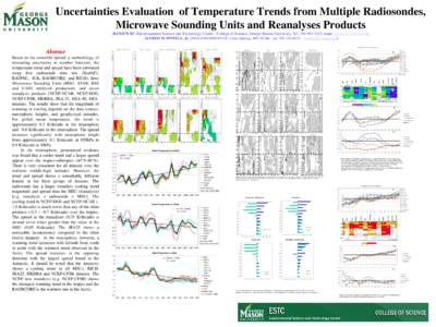 Uncertainties Evaluation of Temperature Trends from Multiple Radiosondes, Microwave Sounding Units and Reanalyses Products JIANJUN XU (Environmental Science and Technology Center , College of Science, George Mason Univer