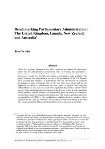 Benchmarking Parliamentary Administration: The United Kingdom, Canada, New Zealand and Australia# June Verrier*